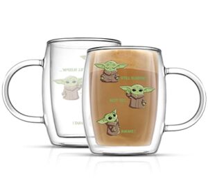 joyjolt awake! grogu coffee mug set of 2 double wall mug. 13.5oz large espresso cups, cappuccino or latte cup. mandalorian star wars mugs, insulated coffee mug, clear glass cups coffee cup set