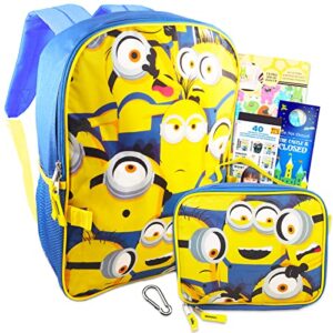 despicable me backpack and lunch box for kids - 6 pc bundle with 16" minions backpack, lunch bag, minions stickers, monster stickers, backpack clip, and more (despicable me school supplies)