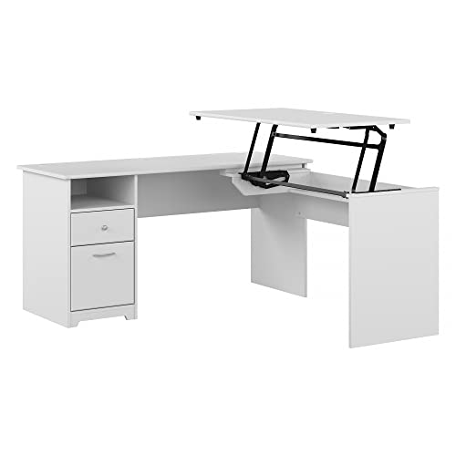 Bush Furniture L Shaped Desk with Drawers and Lift-n-Lock | Cabot Collection Sit to Stand Corner Table with Storage, 60W, White