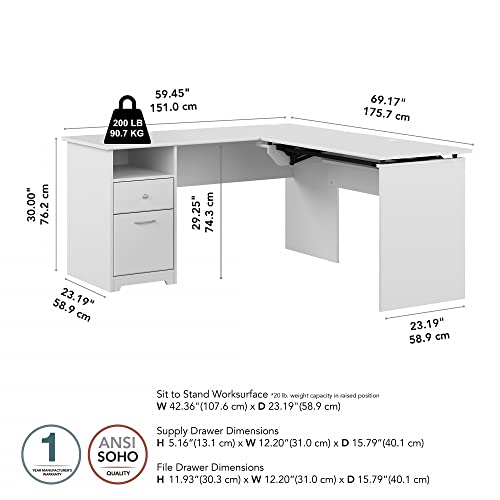 Bush Furniture L Shaped Desk with Drawers and Lift-n-Lock | Cabot Collection Sit to Stand Corner Table with Storage, 60W, White