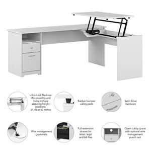 Bush Furniture L Shaped Desk with Drawers and Lift-n-Lock | Cabot Collection Sit to Stand Corner Table with Storage, 60W, White