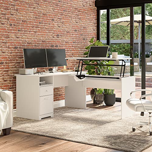 Bush Furniture L Shaped Desk with Drawers and Lift-n-Lock | Cabot Collection Sit to Stand Corner Table with Storage, 60W, White