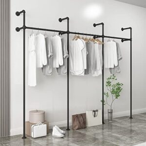 oubito industrial pipe clothing rack,moden commercial grade pipe clothes racks,wall mounted closet storage rack,hanging clothes retail display rack,heavy duty steampunk garment racks,black(three)