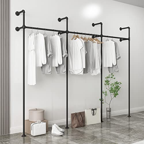 OUBITO Industrial Pipe Clothing Rack,Moden Commercial Grade Pipe Clothes Racks,Wall Mounted Closet Storage Rack,Hanging Clothes Retail Display Rack,Heavy Duty Steampunk Garment Racks,Black(Three)