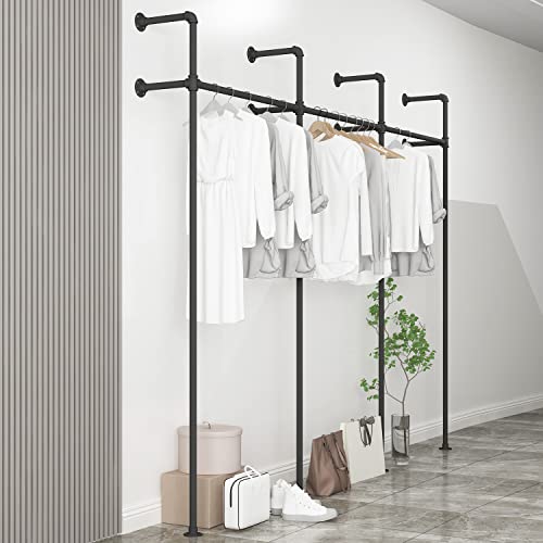 OUBITO Industrial Pipe Clothing Rack,Moden Commercial Grade Pipe Clothes Racks,Wall Mounted Closet Storage Rack,Hanging Clothes Retail Display Rack,Heavy Duty Steampunk Garment Racks,Black(Three)