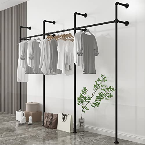 OUBITO Industrial Pipe Clothing Rack,Moden Commercial Grade Pipe Clothes Racks,Wall Mounted Closet Storage Rack,Hanging Clothes Retail Display Rack,Heavy Duty Steampunk Garment Racks,Black(Three)