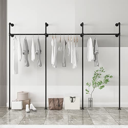 OUBITO Industrial Pipe Clothing Rack,Moden Commercial Grade Pipe Clothes Racks,Wall Mounted Closet Storage Rack,Hanging Clothes Retail Display Rack,Heavy Duty Steampunk Garment Racks,Black(Three)