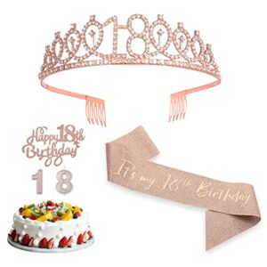 aiex 4pcs rose gold birthday decorations kit, including birthday crown and sash cake topper cake number candles birthday girl decorations(18th birthday)