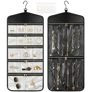 chiceco hanging jewelry organizer with zippered large pockets,double-sided necklace earring jewelry holder for closet