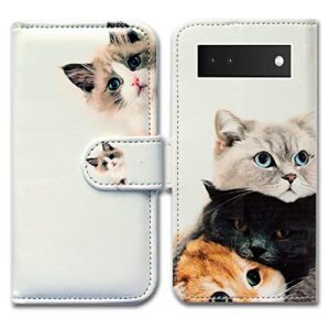 bcov pixel 6a case, cute brown cat leather flip phone case wallet cover with card slot holder kickstand for google pixel 6a