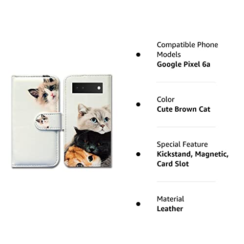 Bcov Pixel 6a Case, Cute Brown Cat Leather Flip Phone Case Wallet Cover with Card Slot Holder Kickstand for Google Pixel 6a