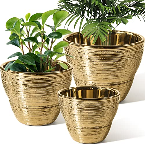 JOFAMY 3 Pack Gold Planters Houseplant Pots 7.1/6/5 Inch Brushed Gold Finish Plant Flower Pots Brass Planter with Drainage, Silicone Plugs & Mesh Pads Ideal for Home Decor, Birthday, Wedding