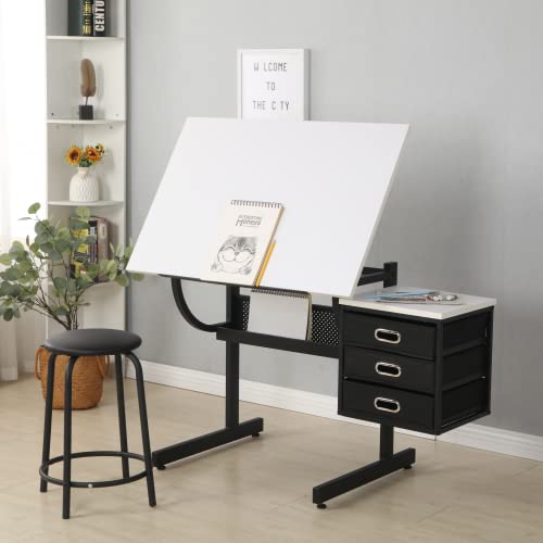 Mbolyeer Drafting Table for Artists/Adults, Art Desk w/Stool and 3 Drawers, Adjustable Tabletop, Painting Studying Design Work Station for Home Office School Use, White