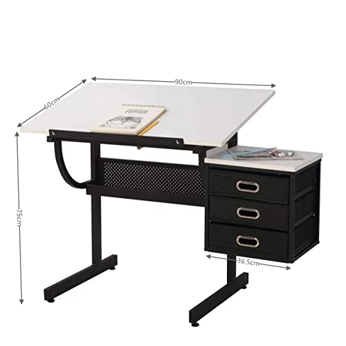 Mbolyeer Drafting Table for Artists/Adults, Art Desk w/Stool and 3 Drawers, Adjustable Tabletop, Painting Studying Design Work Station for Home Office School Use, White