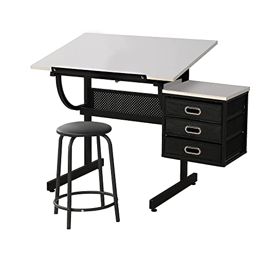 Mbolyeer Drafting Table for Artists/Adults, Art Desk w/Stool and 3 Drawers, Adjustable Tabletop, Painting Studying Design Work Station for Home Office School Use, White
