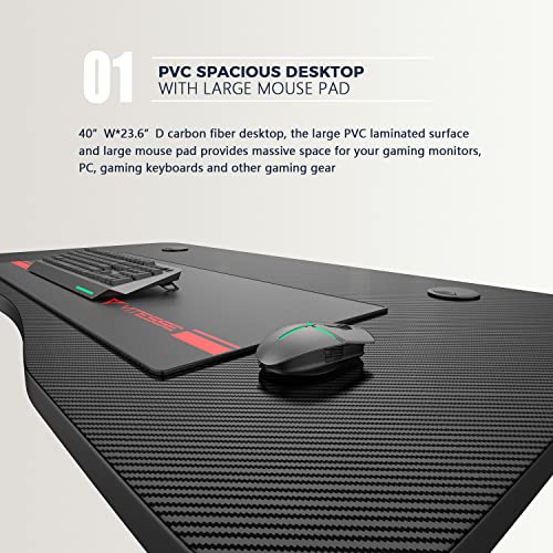 Waleaf Gaming Desk 40 inch,PC Gaming Table,T-Shaped Gaming Computer Desk with Free Mouse Pad,Racing Style Professional Gamer Game Station,Carbon Fiber Home Office Desk with Cup Holder&Headphone Hook