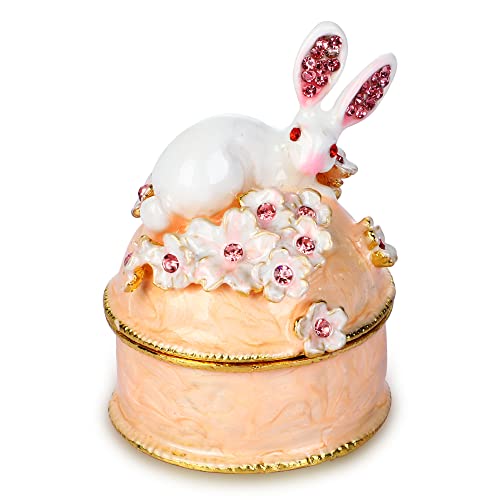 YU FENG Jeweled Rabbit Trinket Boxes Hinged Enameled Decorative Bunny Figurines Collectibles Animal Jewelry Ring Holder Box (Orange)