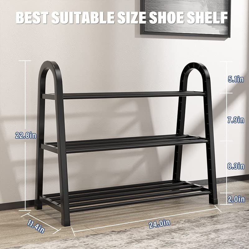 Wuliwuli 3-Tier Shoe Rack Stackable Metal Storage Organizer Multifunctional Free Standing Shoe Shelf for Entryway, Bathroom, Balcony, Kitchen, fits Boots, High Heels, Slippers, Black