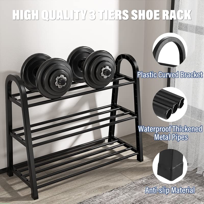 Wuliwuli 3-Tier Shoe Rack Stackable Metal Storage Organizer Multifunctional Free Standing Shoe Shelf for Entryway, Bathroom, Balcony, Kitchen, fits Boots, High Heels, Slippers, Black