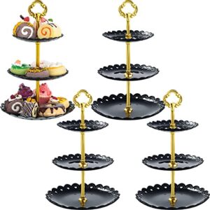 4 Sets 3 Tier Plastic Cupcake Stand Dessert Plates Mini Cake Fruit Candy Display Tower Reusable Tiered Snack Serving Tray Black Gold for Wedding Tea Party Decor