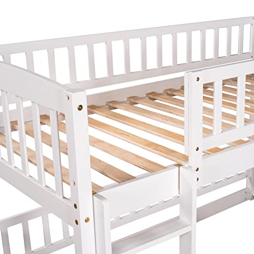 VilroCaz Twin Over Twin Low Bunk Bed with Door Openable Fence, Versatile Bunk Bed with Slide and Built-in Ladder, Solid Wood Bunk Bed Frame for Kids Teens Boys Girls (White)