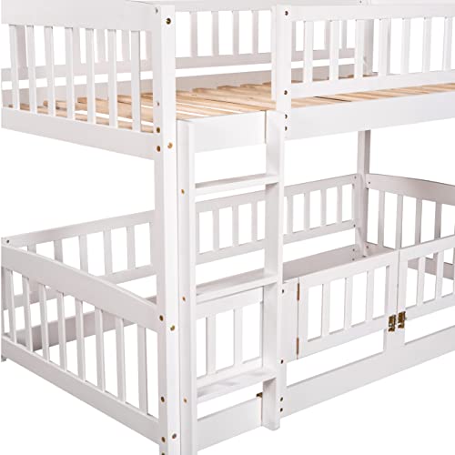 VilroCaz Twin Over Twin Low Bunk Bed with Door Openable Fence, Versatile Bunk Bed with Slide and Built-in Ladder, Solid Wood Bunk Bed Frame for Kids Teens Boys Girls (White)