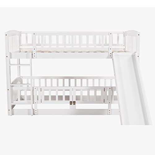 VilroCaz Twin Over Twin Low Bunk Bed with Door Openable Fence, Versatile Bunk Bed with Slide and Built-in Ladder, Solid Wood Bunk Bed Frame for Kids Teens Boys Girls (White)