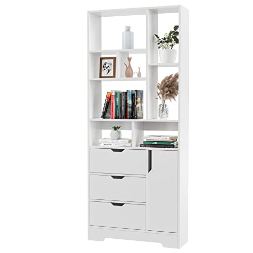 SEJOV Stylish White Bookshelf, 71" Tall Bookshelf with Doors and 3 Drawers, Wood Bookshelf with 4-Tier Open Shelves, for Bedroom Living Room Entrance Hallway Home Office