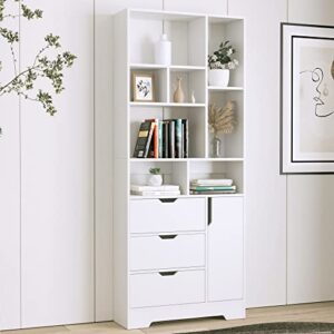sejov stylish white bookshelf, 71" tall bookshelf with doors and 3 drawers, wood bookshelf with 4-tier open shelves, for bedroom living room entrance hallway home office