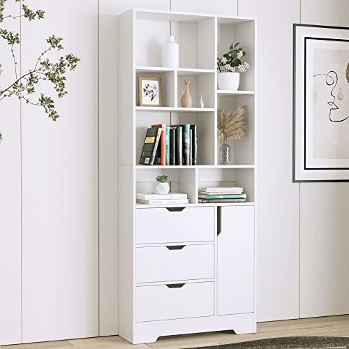 SEJOV Stylish White Bookshelf, 71" Tall Bookshelf with Doors and 3 Drawers, Wood Bookshelf with 4-Tier Open Shelves, for Bedroom Living Room Entrance Hallway Home Office