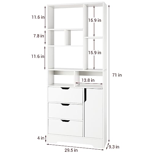 SEJOV Stylish White Bookshelf, 71" Tall Bookshelf with Doors and 3 Drawers, Wood Bookshelf with 4-Tier Open Shelves, for Bedroom Living Room Entrance Hallway Home Office