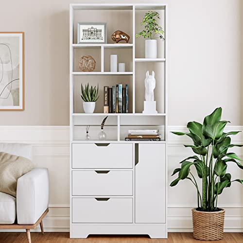 SEJOV Stylish White Bookshelf, 71" Tall Bookshelf with Doors and 3 Drawers, Wood Bookshelf with 4-Tier Open Shelves, for Bedroom Living Room Entrance Hallway Home Office