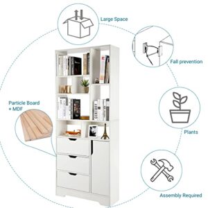 SEJOV Stylish White Bookshelf, 71" Tall Bookshelf with Doors and 3 Drawers, Wood Bookshelf with 4-Tier Open Shelves, for Bedroom Living Room Entrance Hallway Home Office