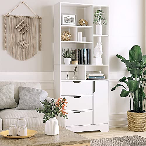 SEJOV Stylish White Bookshelf, 71" Tall Bookshelf with Doors and 3 Drawers, Wood Bookshelf with 4-Tier Open Shelves, for Bedroom Living Room Entrance Hallway Home Office