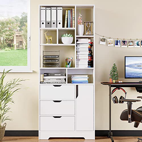 SEJOV Stylish White Bookshelf, 71" Tall Bookshelf with Doors and 3 Drawers, Wood Bookshelf with 4-Tier Open Shelves, for Bedroom Living Room Entrance Hallway Home Office