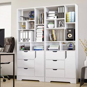 SEJOV Stylish White Bookshelf, 71" Tall Bookshelf with Doors and 3 Drawers, Wood Bookshelf with 4-Tier Open Shelves, for Bedroom Living Room Entrance Hallway Home Office