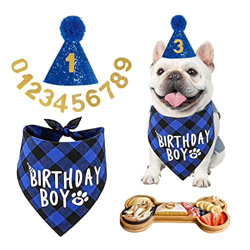 KEPATO Dog Birthday Outfit Party Supplies,Dog Boy Birthday Hat Bandana Scarf Hats with Numbers for Small Medium Large Dogs Pet