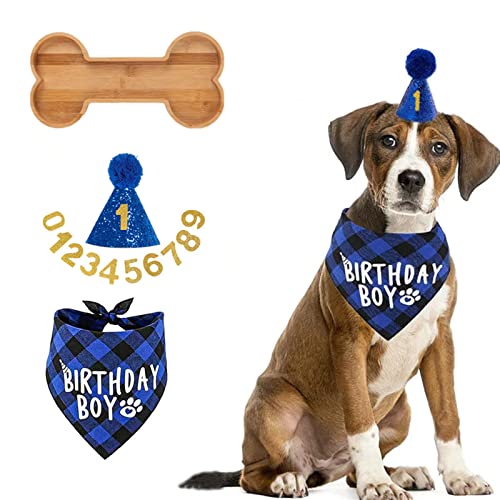 KEPATO Dog Birthday Outfit Party Supplies,Dog Boy Birthday Hat Bandana Scarf Hats with Numbers for Small Medium Large Dogs Pet