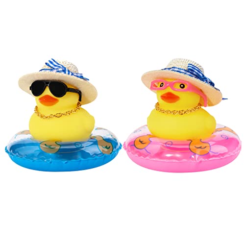 wonuu Car Rubber Duck 2Pcs Duck Car Decoration Dashboard Car Ornament for Car Dashboard Decoration Accessories with Mini Swim Ring Sun Hat Necklace Sunglasses