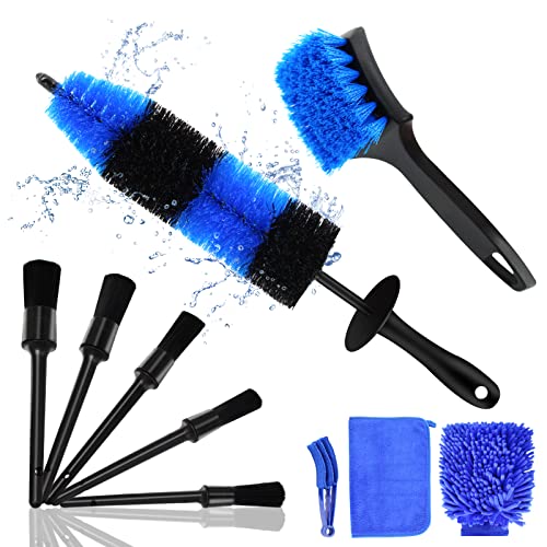 Titeney 10 Pieces Car Cleaning Tools Kit, Auto Wheel Detailing Brush Set Including Long Handle Wheel Brush, Short Handle Brush, Detailing Brush, Air Outlet Brush, Car Wash Mitt and Towel…