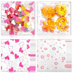 200pcs small self adhesive treat bags decorated cookie bags resealable treat bags heart cellophane plastic individual candy bags for wedding valentine's day birthday party 3.94" x 3.94"