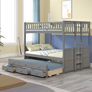 ouyessir full over full bunk bed with trundle and 3 drawers, full size bunk beds convertible to 2 platform beds, solid wood bunk bed with twin size trundle and 3 storage drawers (grey, ladder)