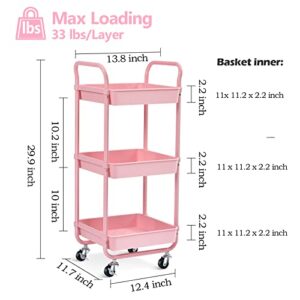 TOOLF 3-Tier Storage Rolling Cart, Kitchen Utility Cart with Wheels, Plastic Organizer Cart Rolling Trolley Shelving Unit, Storage Rack, Fruit Vegetable Rack