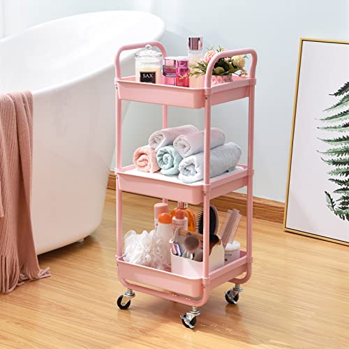 TOOLF 3-Tier Storage Rolling Cart, Kitchen Utility Cart with Wheels, Plastic Organizer Cart Rolling Trolley Shelving Unit, Storage Rack, Fruit Vegetable Rack