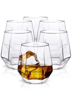 warmest spirit stemless wine glasses set of 6 - hexagon shaped crystal wine glass set for red or white wine - beveled sides feels like a diamond & lets wine breathe