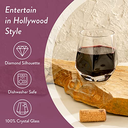 WARMEST SPIRIT Stemless Wine Glasses Set of 6 - Hexagon Shaped Crystal Wine Glass Set for Red or White Wine - Beveled Sides Feels like a Diamond & Lets Wine Breathe