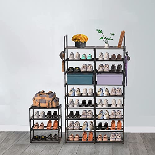 YDTREILS 9 Tier Shoe Rack Organizer, Large Shoe Shelf Holds 46-50 Pairs Shoe and Boots with Versatile Hooks Shoe Stand for Entryway Closet and Hallway