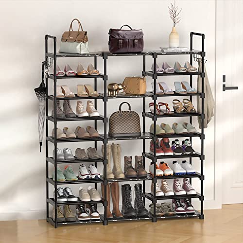 YDTREILS 9 Tier Shoe Rack Organizer, Large Shoe Shelf Holds 46-50 Pairs Shoe and Boots with Versatile Hooks Shoe Stand for Entryway Closet and Hallway