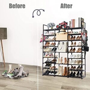 YDTREILS 9 Tier Shoe Rack Organizer, Large Shoe Shelf Holds 46-50 Pairs Shoe and Boots with Versatile Hooks Shoe Stand for Entryway Closet and Hallway