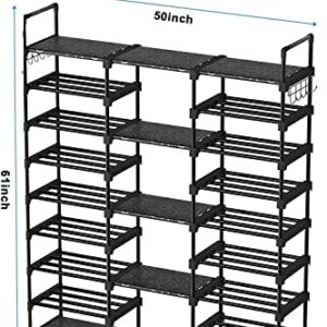 YDTREILS 9 Tier Shoe Rack Organizer, Large Shoe Shelf Holds 46-50 Pairs Shoe and Boots with Versatile Hooks Shoe Stand for Entryway Closet and Hallway